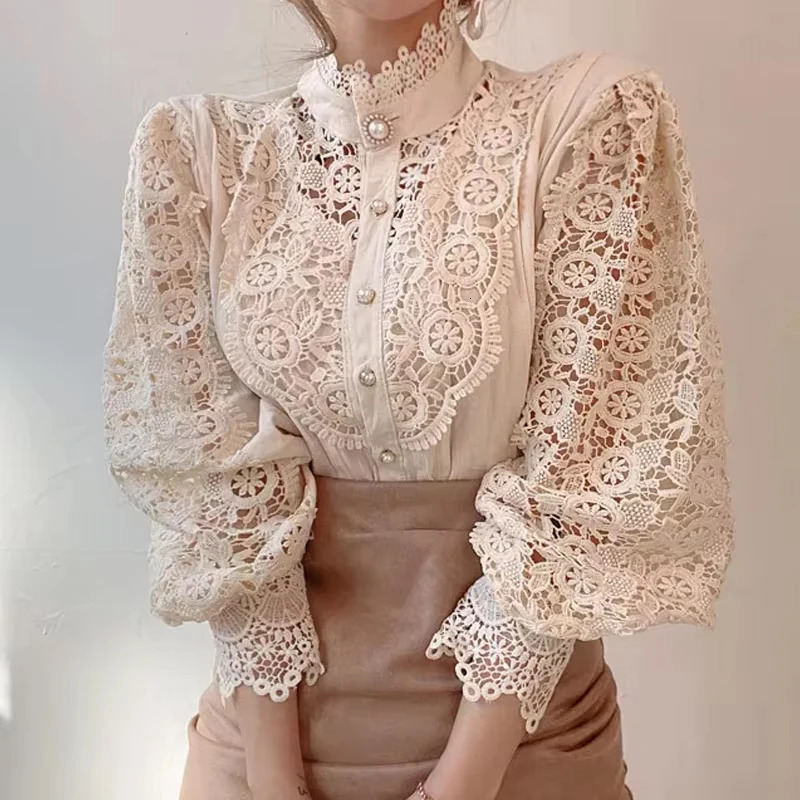 Elegant Loose Sweet Fashion Lace Women Blouse Office Stand Collar Casual Shirt Ladies Petal Long Sleeves Hollow Out Top Clothing 260306