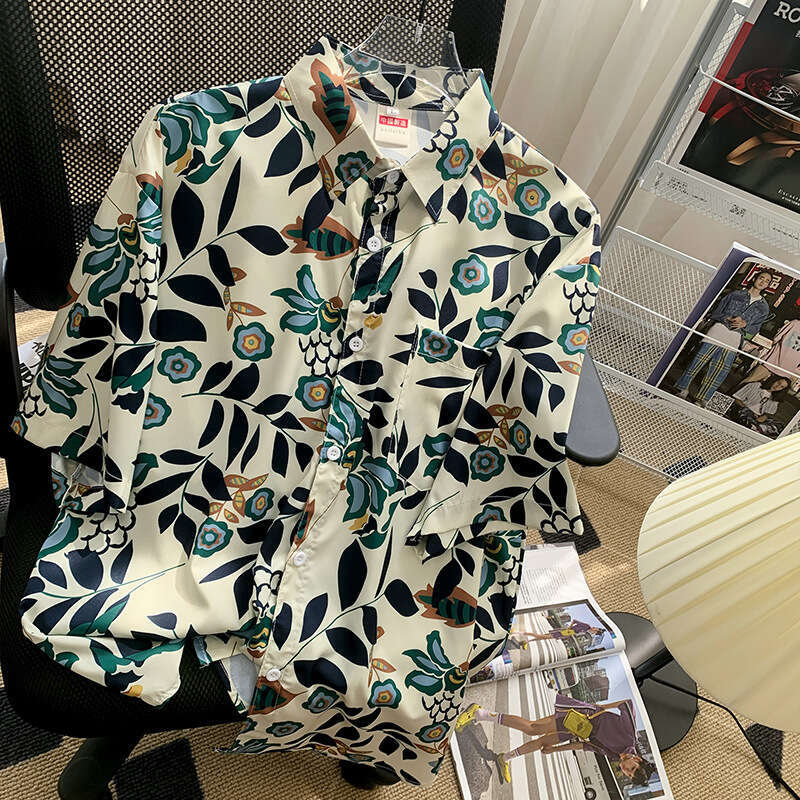 Floral shirt for men, short-sleeved, Hawaiian casual, summer thin style, trendy loose shirt, oversize, couple's five-quarter sleeve