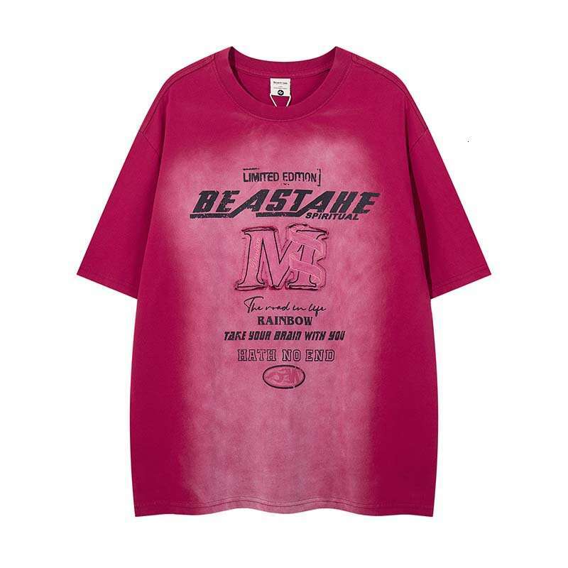 American retro patch embroidery letter print washed short-sleeve t-shirt for men, street fashion brand, loose vintage top