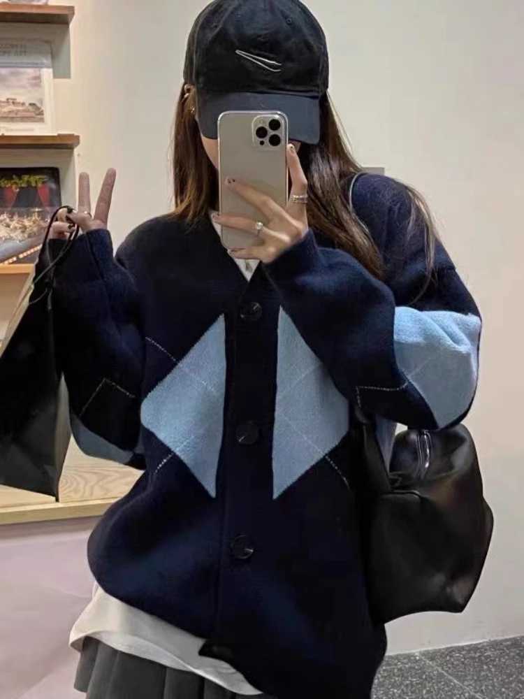 Winter Women Long Sleeve Geometric Cardigant Sweater Autumn Casual Loose Botton Knitted Coat Elegant Casual CloTHes M260306