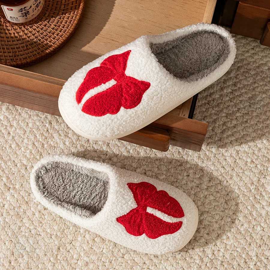 Comfy Winter Indoor Casual Girls Slippers Warm Bow Pattern Soft Sole Fashion Cute Womens Bedroom Anti-slip Fuzzy Home Shoes S260305