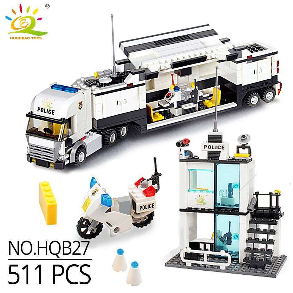 HUIQIBAO City Police Station Building Blocks Prison Truck Helicopter Boat with Policemen Construction Bricks Toys for Children Z260306