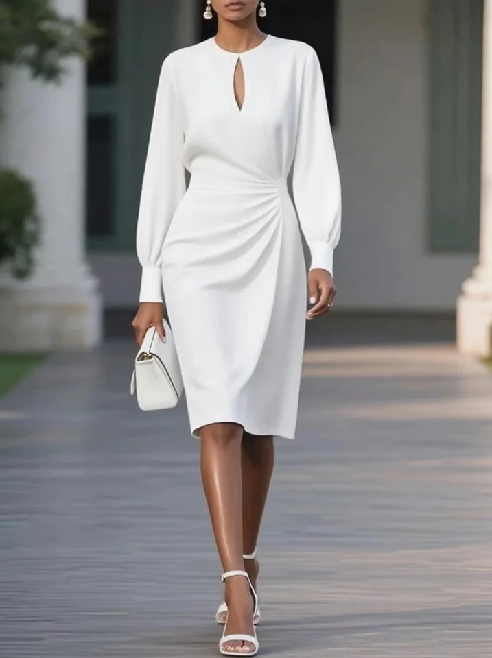Elegant Woman Dress O Neck Hollow Out Long Sleeve Office Women Slim ALine Party Dresses 260302