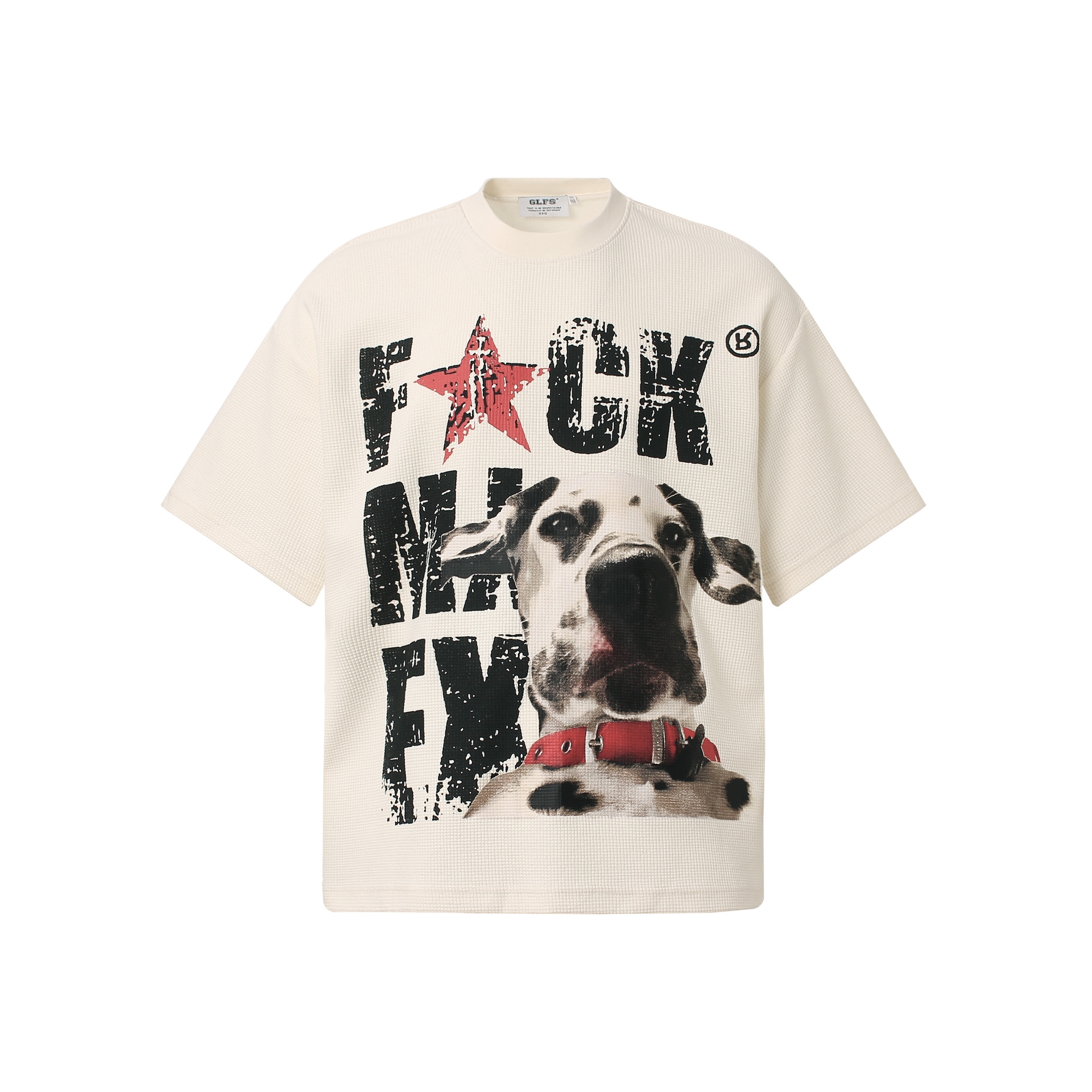 American retro couple street fashion waffle fabric dog design high-street men's loose small crew neck T-shirt