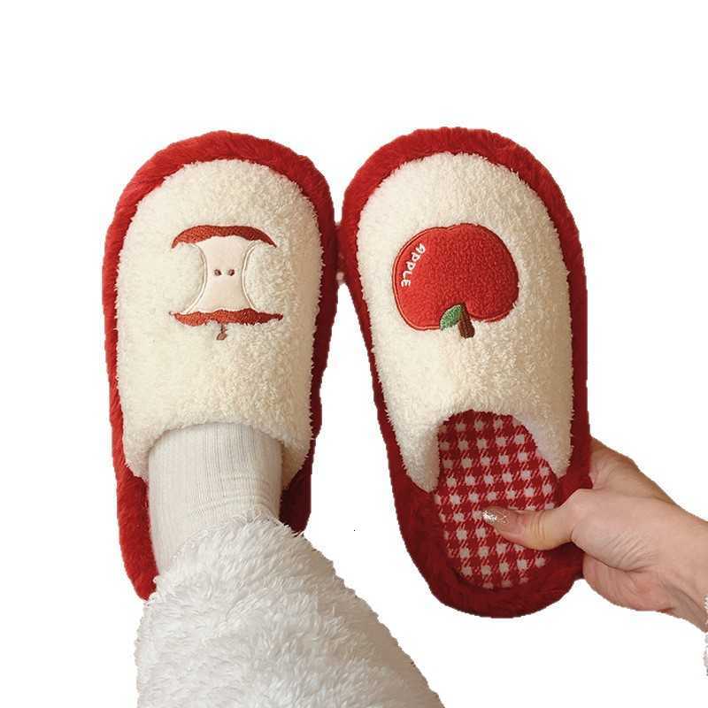 Cute Red Apple Cotton Slippers for Women Winter Girly Fuzzy Shoes Home Floor Non-Slip Maternity Shoes S260305