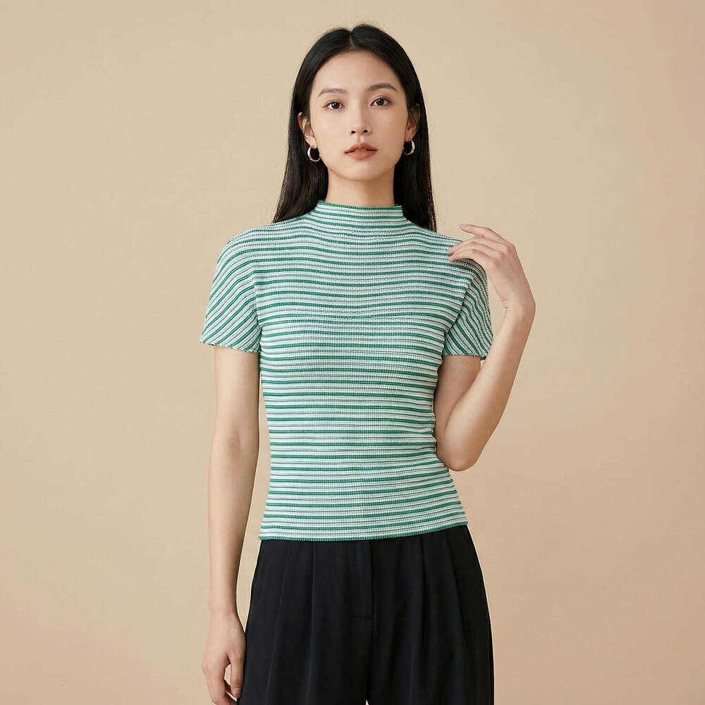 Miyake half-high collar pleated T-shirt for women, 2026 summer new short-sleeve slim-fit blue and white Designer striped top