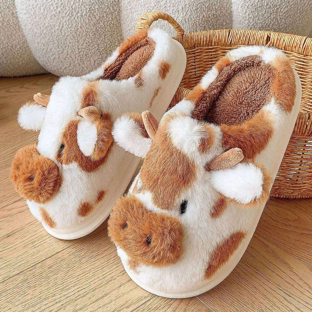 Litfun Plush Milk Cow Women Winter Home Cute Furry Anti-slip Fluffy Bedroom Slides Fur Cartoon Slippers