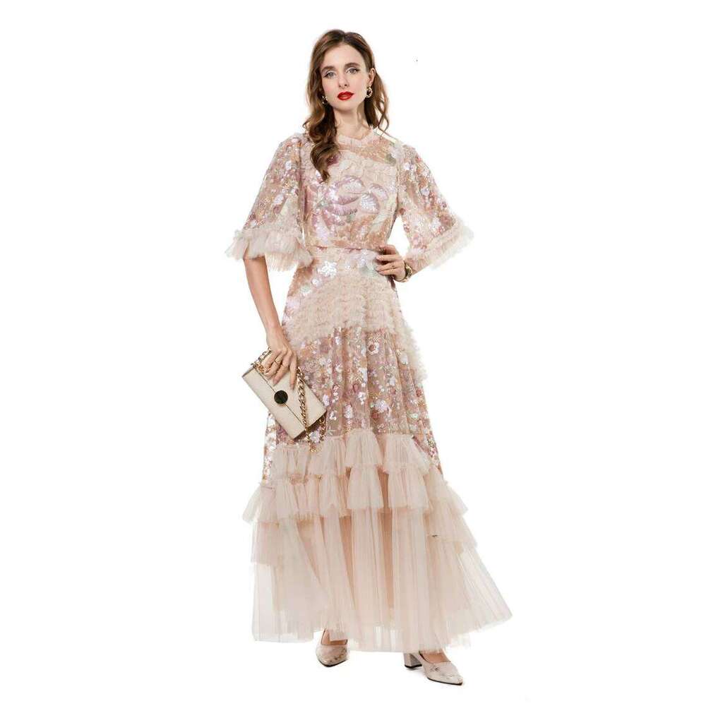 Women's Dress O Neck Short Sleeves Sequined Floral Patchwork Ruffles Elegant Designer Party Prom Gown Maxi Vestidos