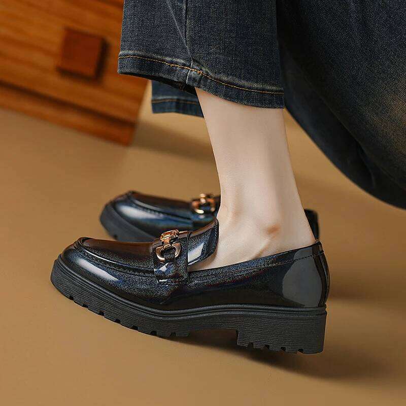 2025 New Spring Female Shoes Women Fashion Mary Janes Round Toe Chain Buckle Flats Platform Casual Loafers Metal Ladies Heels