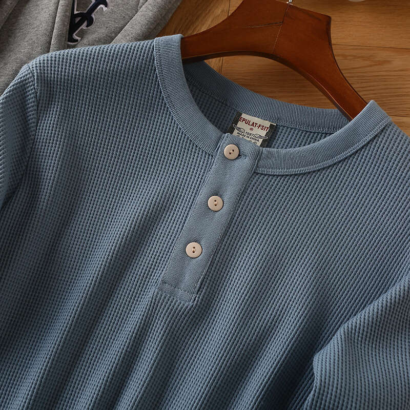 European and American Tough Guy Henry V-Neck Live Streaming One-Piece Dropshipping Men's All-Cotton Waffle Long-Sleeve T-Shirt Base Shirt Cotton 
