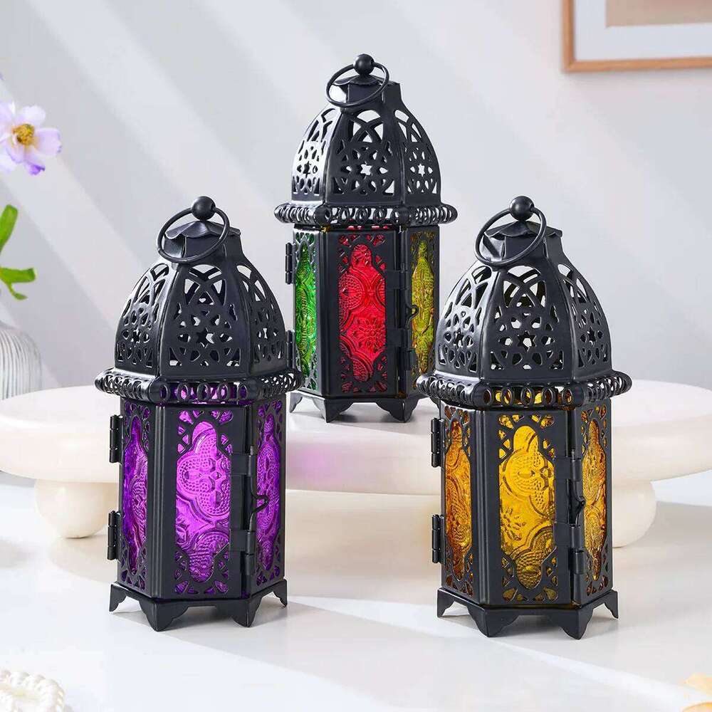 1PC, European retro ironwork hollowed-out Moroccan decorative glass candlestick, suitable for home and restaurant XJ260305