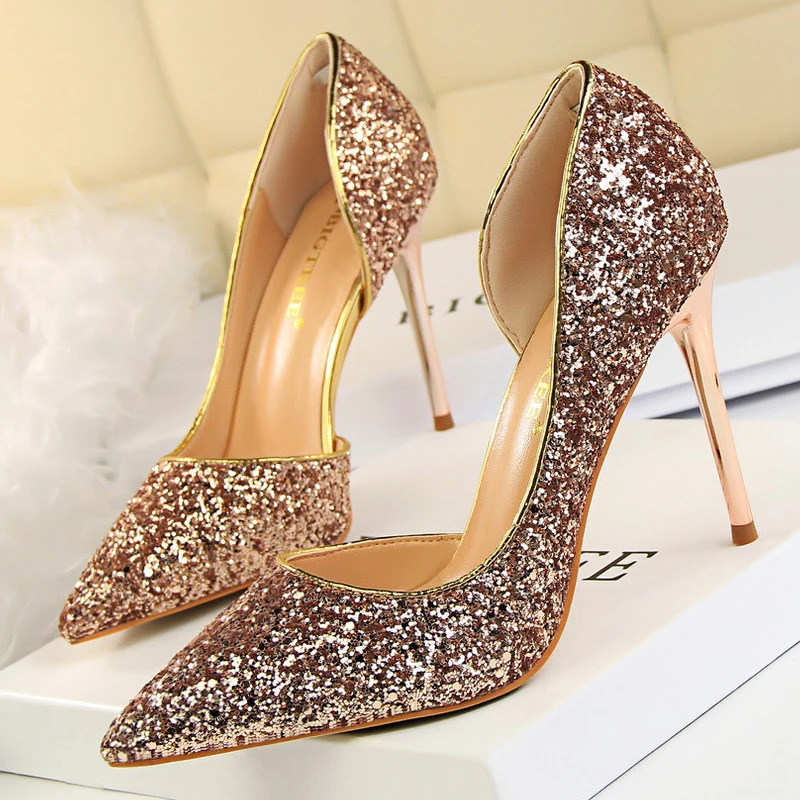BIGTREE Shoes Champagne Women Pumps Sequin Wedding Shoes Stiletto High Heels Women Shoes Party Shoes Pumps Plus Size 43 260306