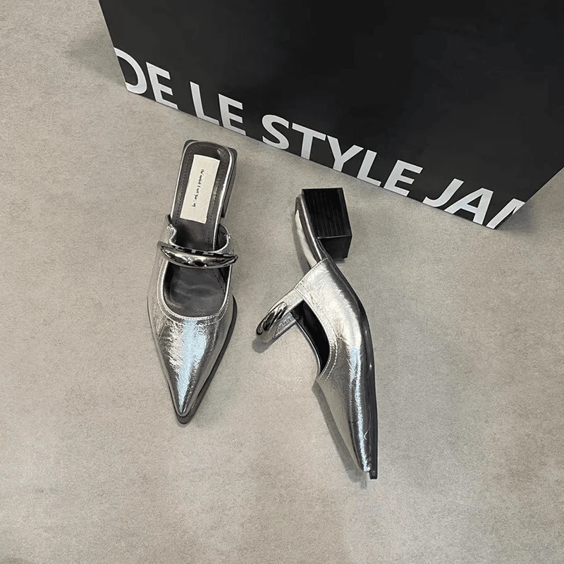 Summer Women Cover Toe Mules Slippers Fashion Metal Decoration Thick Heel Slide Shoes Comfort Street Style Footwear 260303