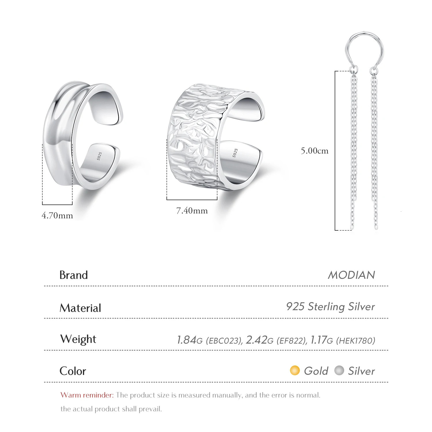 MODIAN 1PC Ear Cuff 925 Sterling Silver Punk Geometric Clip Earrings Stackable Trendy Party Jewelry For Women Grils Gift 260303