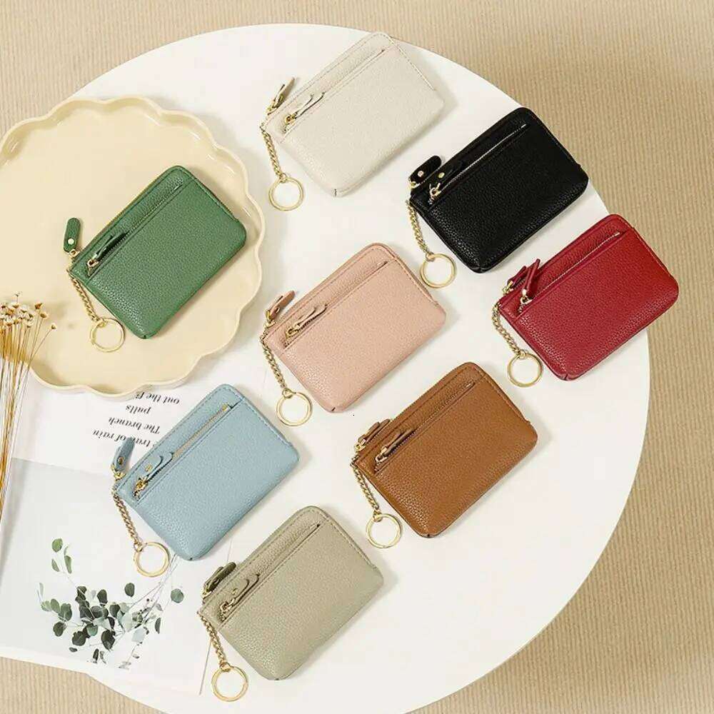 Fashion Leather Coin Purse Zipper Closure Slots Keychain Wallet Multi Functional Solid Color Card Case Casual C260304