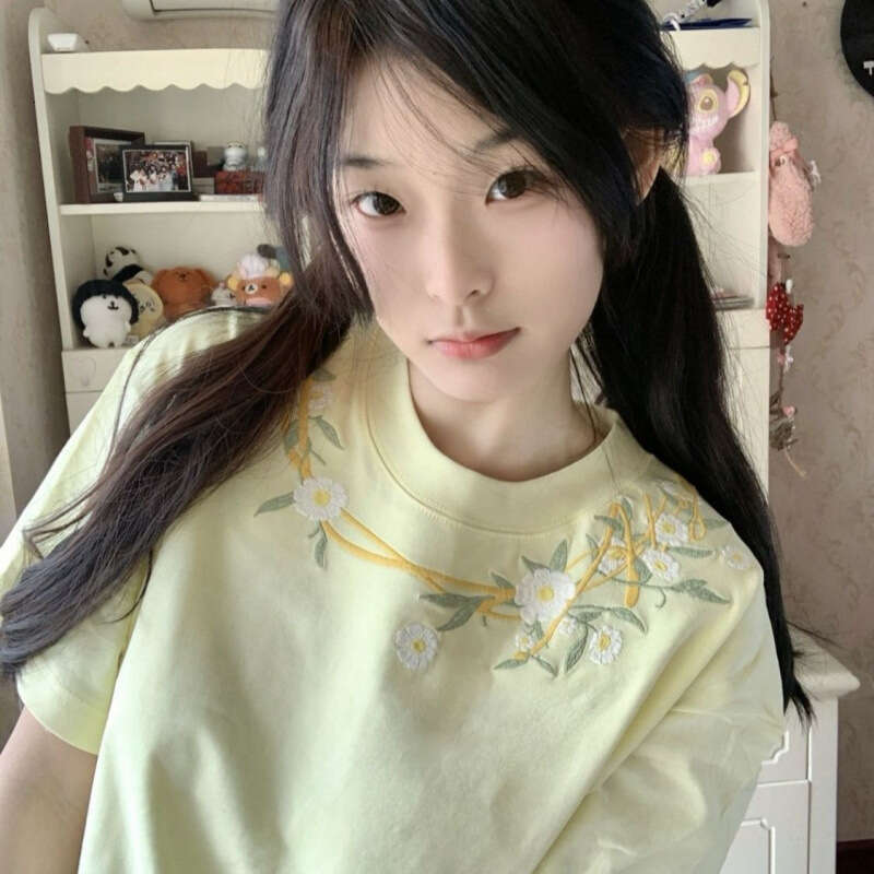 American Style High Street Embroidered Yellow Shoulder Women's Summer Loose Design T-Shirt Couple Student Slimming Top