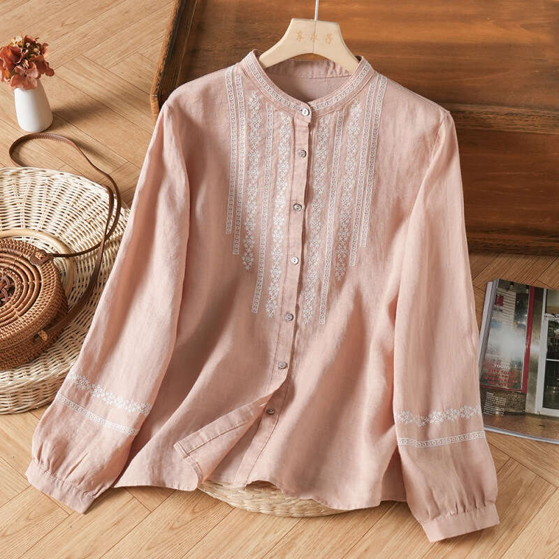 Mardi Hefxessdr stand collar long-sleeved shirt Spring new women's stand-collar versatile long-sleeve shirt top cotton-linen Chinese shirt women&