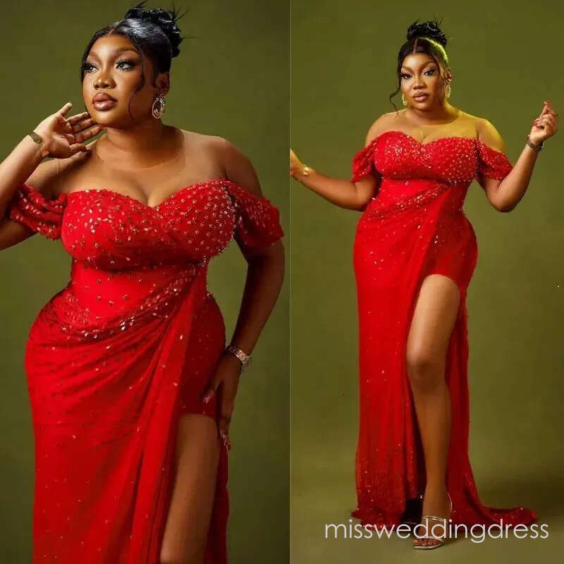 2026 Plus Size Red Dress Mermaid Prom Dresses Evening Formal Gowns Side Split Sexy Illusion Bead Lace Birthday Second Reception Gown For Black Women A