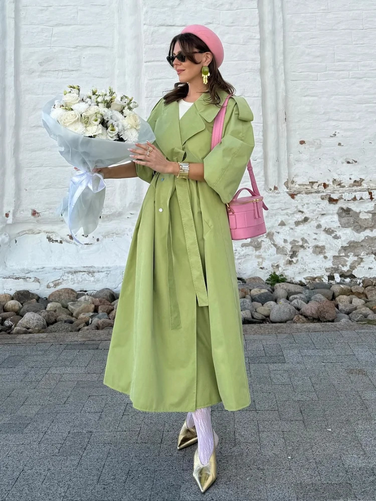 Women Green Oversized Belt Overcoat Elegant Long Sleeve Pleated Lapel Lace Up Windbreaker Autumn Lady Daily Street Outerwear 260228