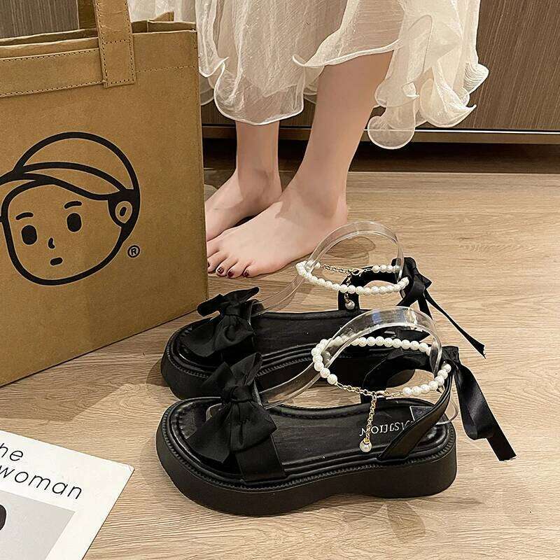 2026 Summer New Bow Design Women's Fashion Thick Bottom Pearl Button Open Toe Sandals