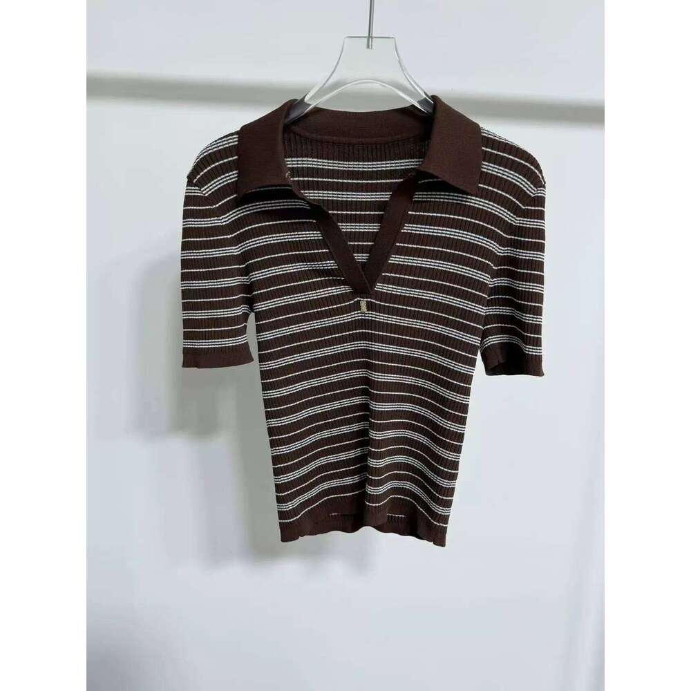Early Spring Commuter Striped Color-Blocked V-Neck Knitted Slim-Fit Short-Sleeved Pullover Top Mdng260306