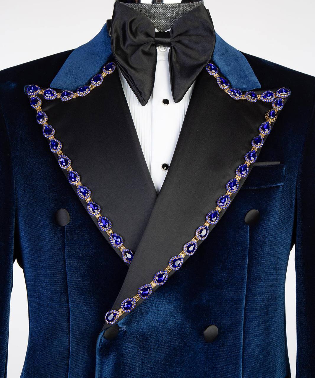 Vintage Men Suits Peaked Lapel Crystal Blazer 2 Pieces Tailor-Made Velvet Jacket Double Breasted Beaded Groom Customized Coat Pants Plus Size