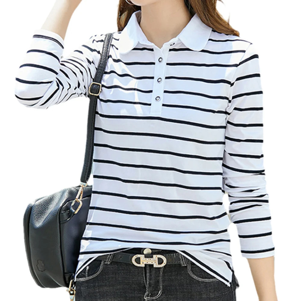 Flip collar striped tshirt for womens spring and autumn fashionable long sleeved polo shirt pure cotton 260228