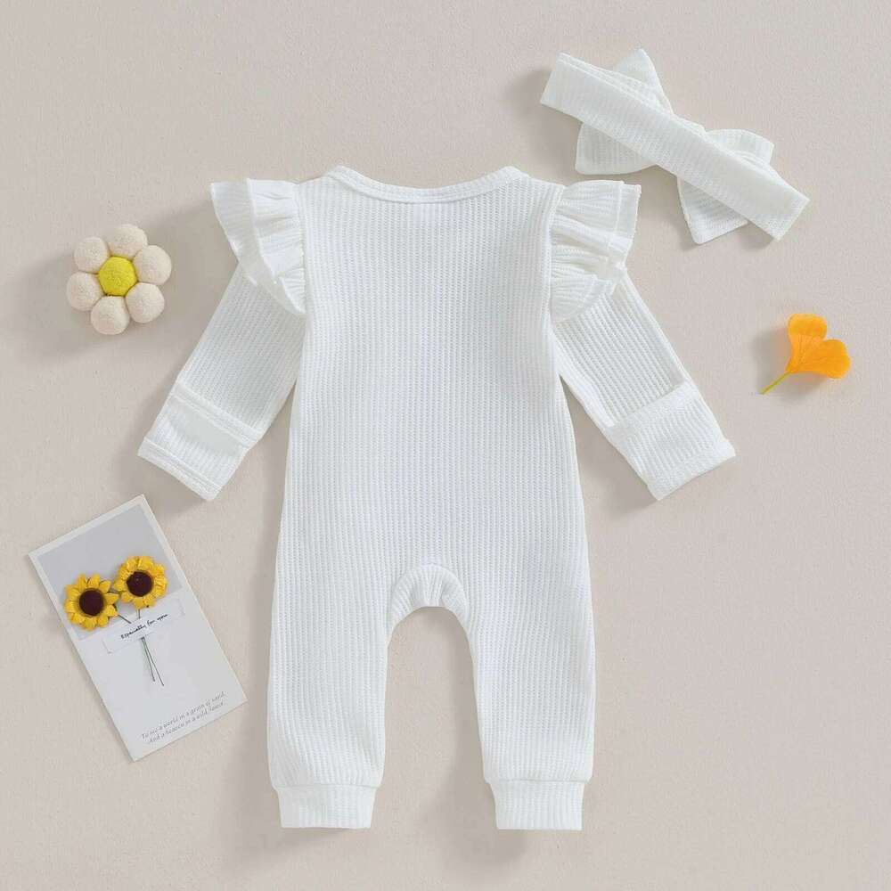 Pudcoco Infant Baby Girl Autumn Jumpsuit Solid Color Round Neck Flying Sleeve Ruffled Zipper Romper with Bow Headband 0-12M Z260306