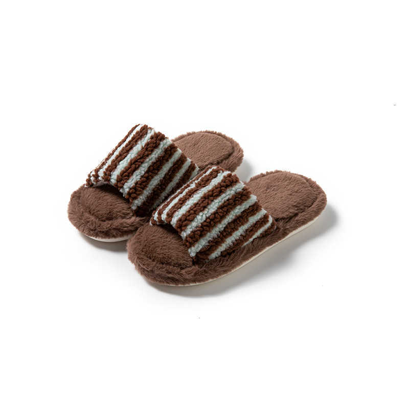 Striped Color-Block Open-Toe Cotton Slippers for Women Ins Style Furry Slippers Designer Home Plush Slippers S260305