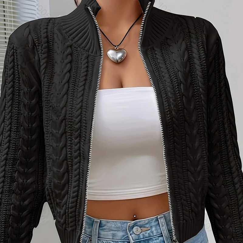 Stand Collar Twist Knitted Cardigan Women Korean Zip Up Long Sleeve Cropped Cardigans Woman Solid Color Slim Fit Sweater Coat M260306
