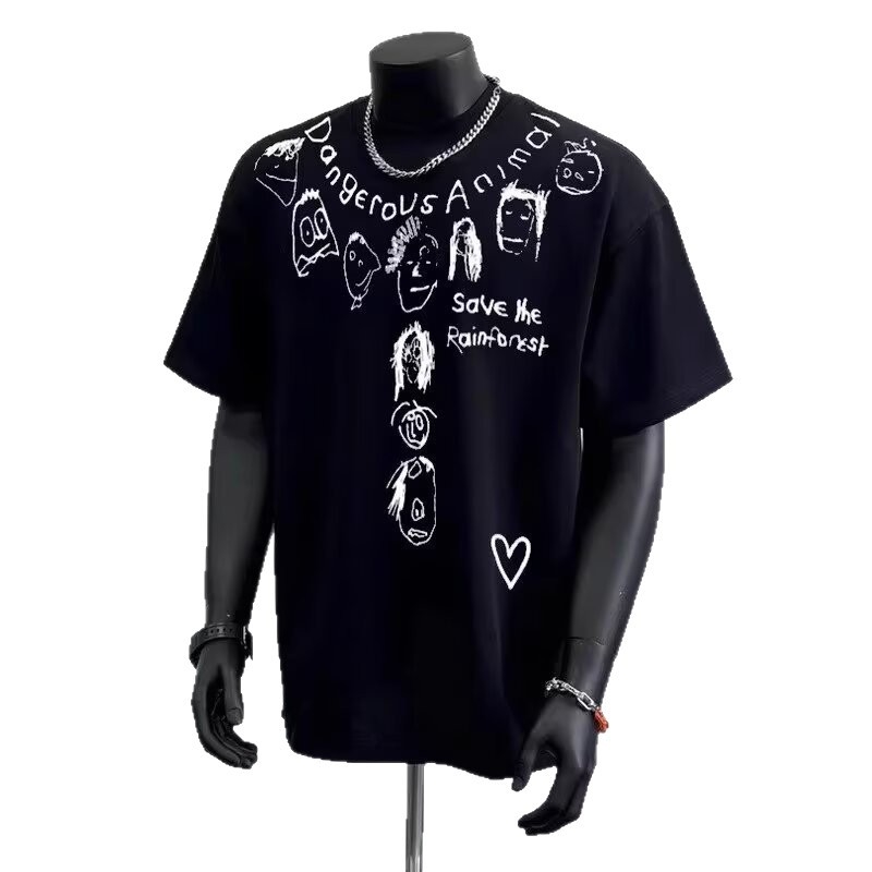 New style American bad-boy style heavy cotton short-sleeve T-shirt unisex for young men and women summer ins trendy brand street-style loose round-nec