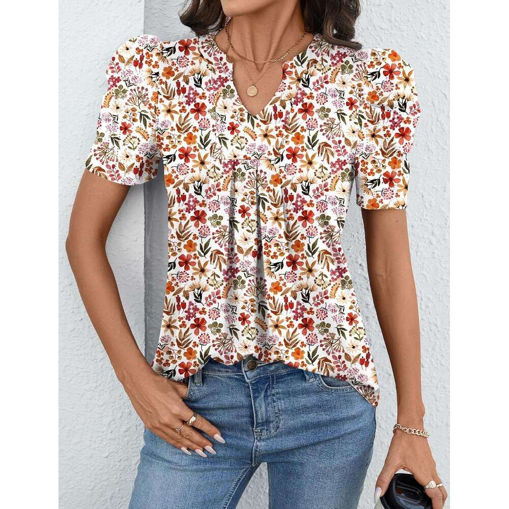 Women's Puff Short Sleeve Shirt V Neck Summer Tops Designer Casual Fashion T Shirts Loose Fit Blouses