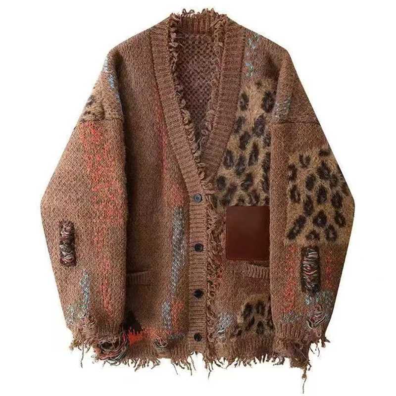 Y2k Womens Spliced Vintage Leopard Loose Long Sleeves Knitted Cardigan Winter Fashion V-neck Men Long Sweater Clothing Female M260306