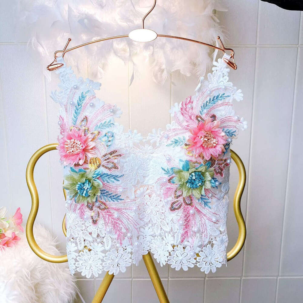 Trendy Popular Backless Camisole Women, Sweet And Elaborate Beaded Three-Dimensional Flowers, Paired With A Lace Bra For Protection Against Exposure A