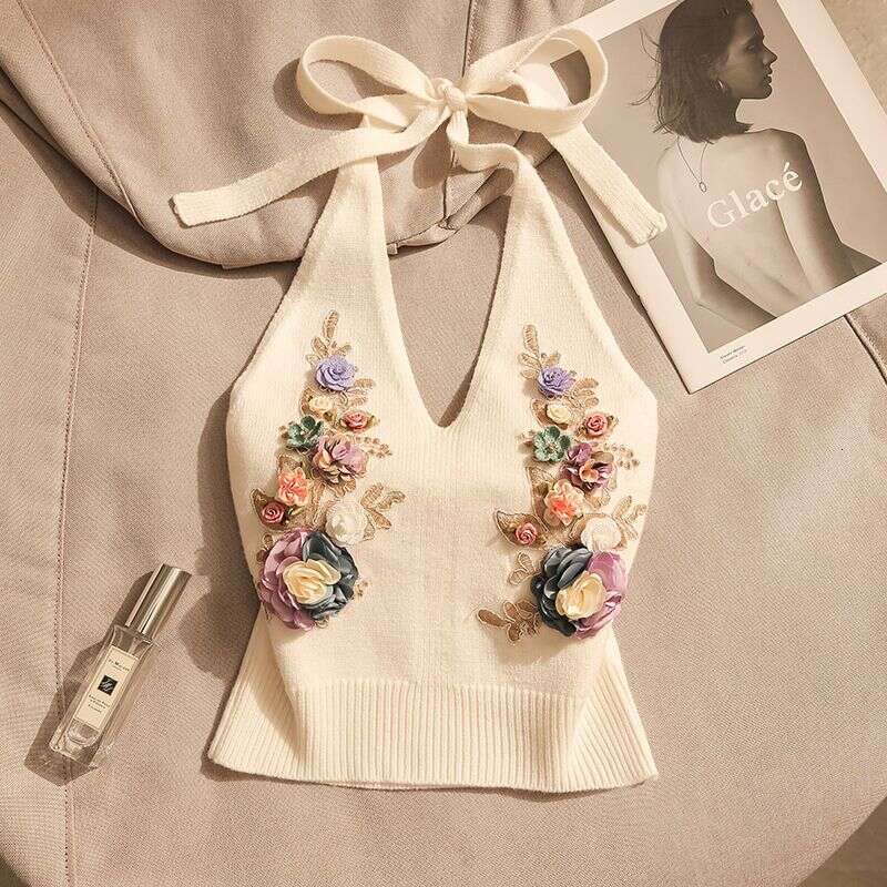 French-Style Knitted Halter Neck Camisole Women, Summer Sexy Printed Slim-Fit Off-Shoulder Short Sleeveless Top For Outerwear