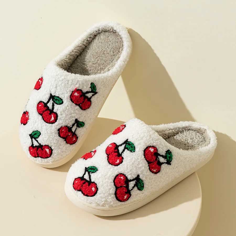 Cherry Fruit Embroidered Pattern Winter Plush Slippers Classic Soft Sole Indoor Casual Women Bedroom Cute Home Warm Comfy Shoes S260305