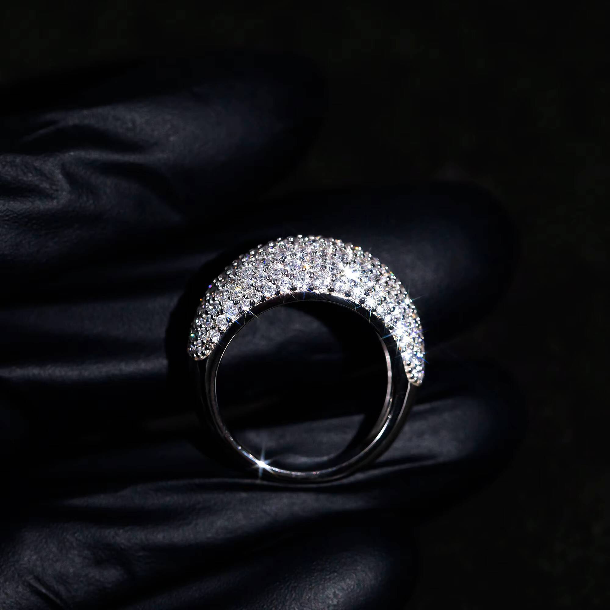 Hip Pop Rock Style Iced Out Pave Moissanite Diamond Dome Ring Silver 925 Plated With 18K White Gold VVS Moissanite Jewelry