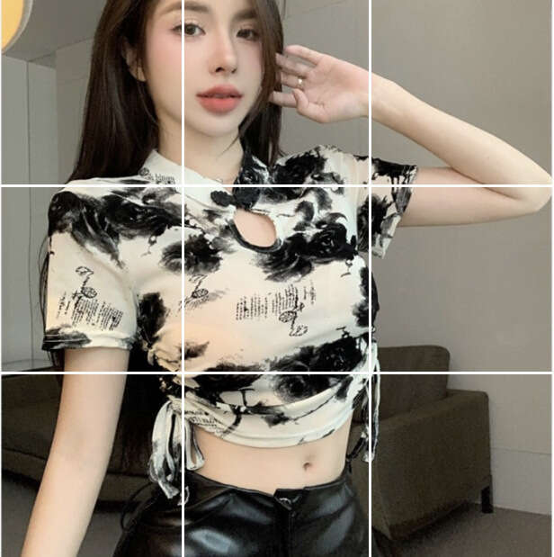 Ink wash painting T-shirt Round Neck Short Sleeved Casual Fashion Slim Fit Female T-shirt New Chinese Style frog button Adjustment of drawstring on bo