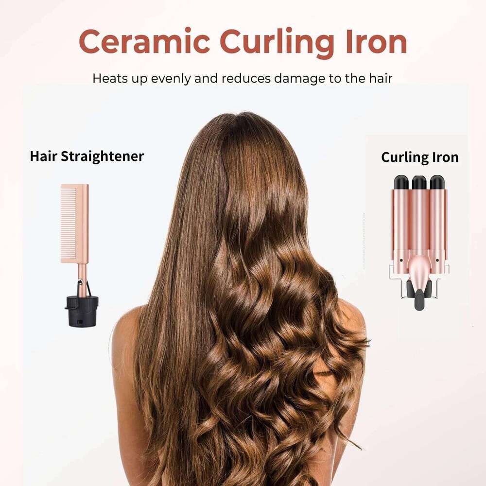 in 1Curling Wand Set with Straightener, 3 Barrels Crimper Curling Iron , 2 Temps Fast Heat Hair Waver Curler 26Y0306