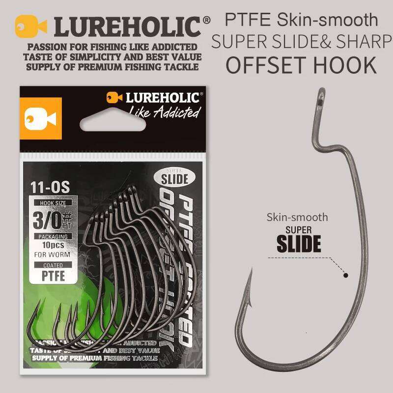 LUREHOLIC PTFE Super Slide Offset Hook Texas Rig Drop Shot Stainless Steel Worm Fishhook Fishing Accessories S260305