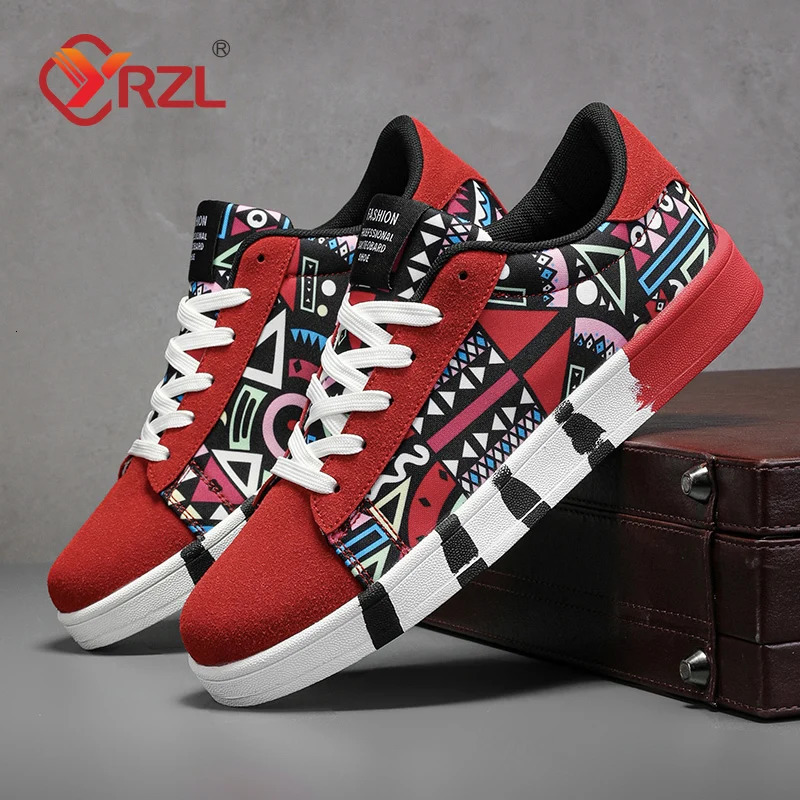 YRZL Mens Sports Running Shoes Canvas Geometric Style Lace-Up Sneakers Couples Fashionable Graffiti Print Skate Shoes Men 260305