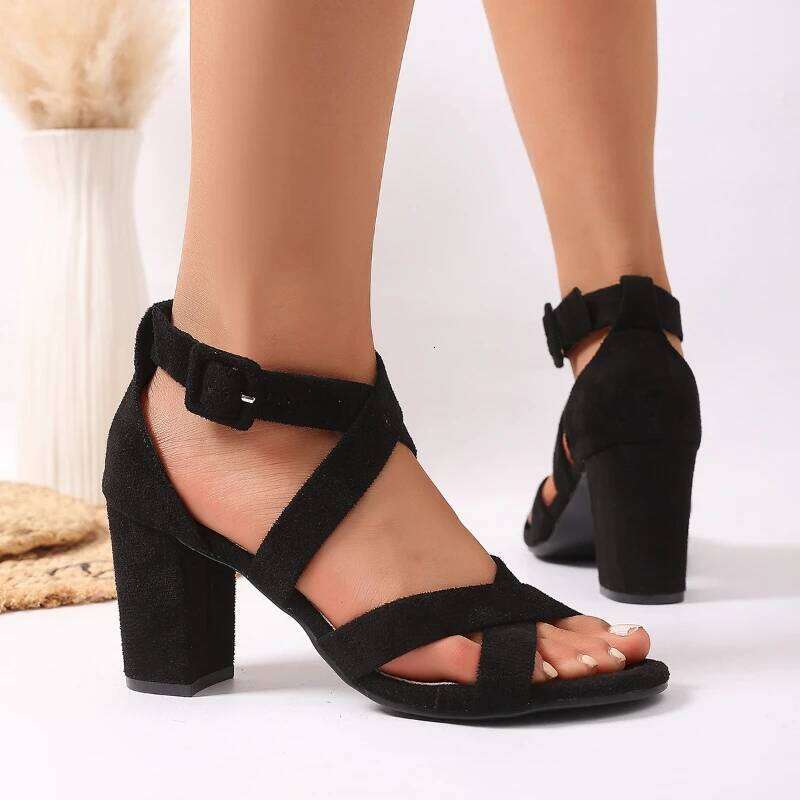 2025 Summer Women's New One Word Buckle Casual Black Simple Style High Heel Sandals