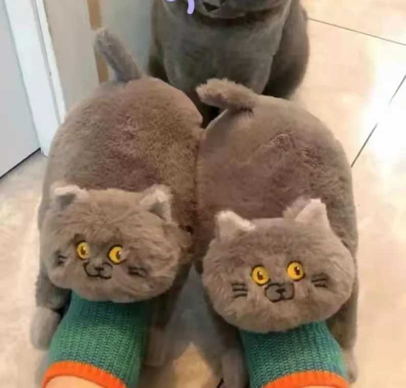 Blue Cat Cotton Slippers Jerk Cat Sense Semi-Packed Heel Cotton Shoes Plush Home Cute Warm Show Heel Simulation Cat Slippers S260305
