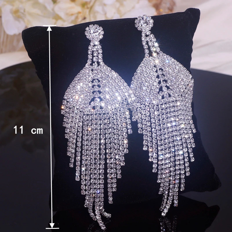 Trendy Sparkling Rhinestone Exaggerated Long Tassel Earrings for Women Silver Plated Big Drop Dangle Party Jewelry 260302