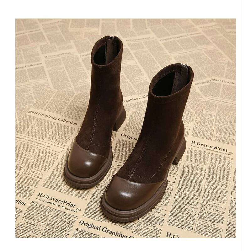 2025 Autumn New Women's Ankle - Retro Panel Round Toe Side Zipper Chunky Heel Fashion Short Boots for Women