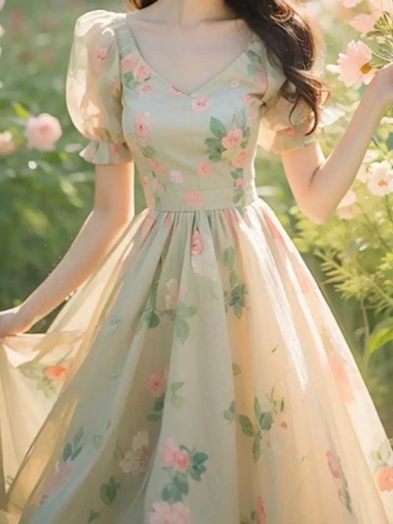 Beautiful Temperament Super Good-looking High-end Exquisite Waist-hugging Floral Puff Sleeve Dress for Women X260306