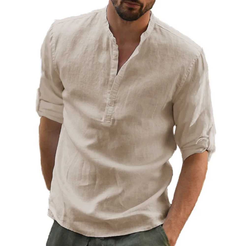 Autumn New Mens Cotton Linen Shirt Loose Fit Casual Long Sleeve Tees Stylish Breathable Solid Color Henley Neck Tops M260305