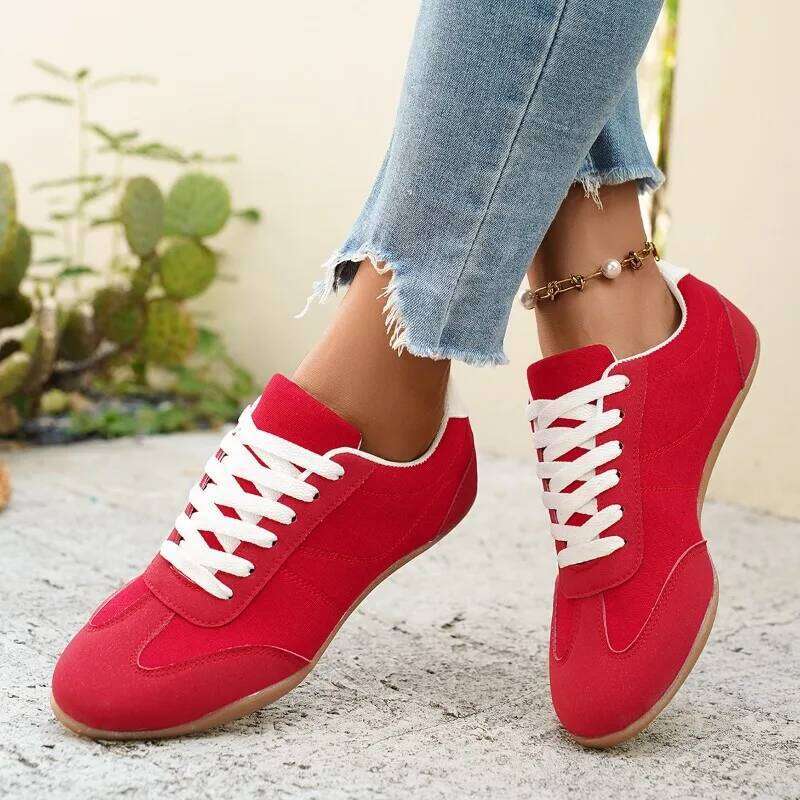 2026 new fashionable casual for women comfortable lace up sneakers simple solid color flat shoes