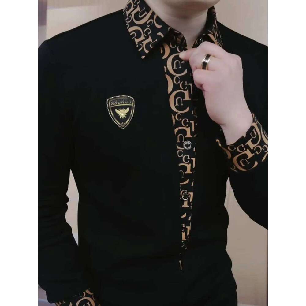 New Men's Light Luxury Handsome Lapel Long Sleeve Korean Version Fake Two Pieces Casual Slim Fit Business Social Shirt