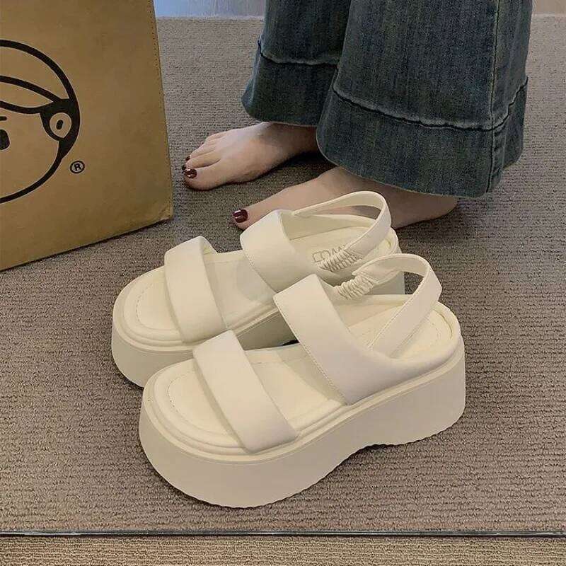 Summer 2025 Chunky Sandals Women's Wedge Slides 8CM High Heels Leather Casual Woman Beach Thick Bottom Flip Flops